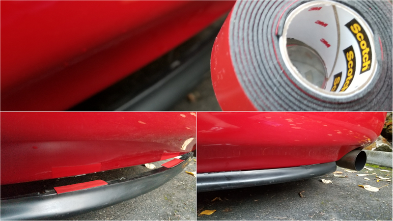 My rear lip spoiler tore off the bumper a few weeks ago. The holes were damaged, so I decided to try 20# tape. This much is probably overkill, but hey.